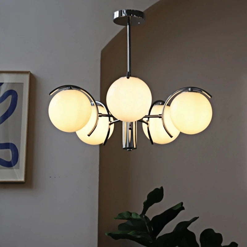 lustre led moderne sphères translucides blanc chrome interrupteur tactile salon chambre