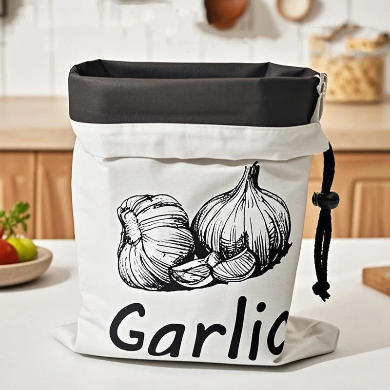 sacs rangement tissu blanc noir ail pommes terre oignon dessin légumes rustique fermé éclair