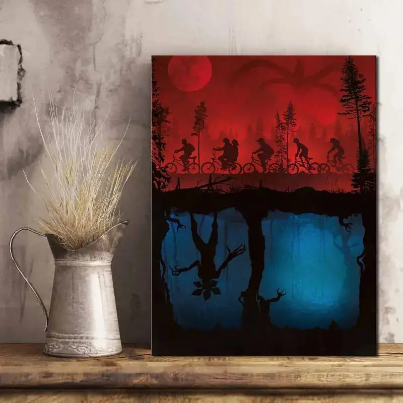 tableau paysage nocturne cyclistes pleine lune moderne minimaliste toile sans cadre vertical