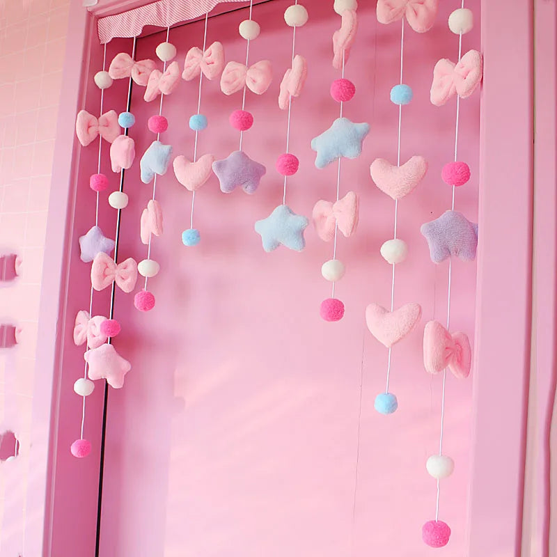 rideau décoratif rose semi transparent papillons étoiles pompons velours polyester doux