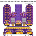 vaisselle jetable halloween assiettes gobelets pailles serviettes nappe citrouilles fantômes araignées violet orange