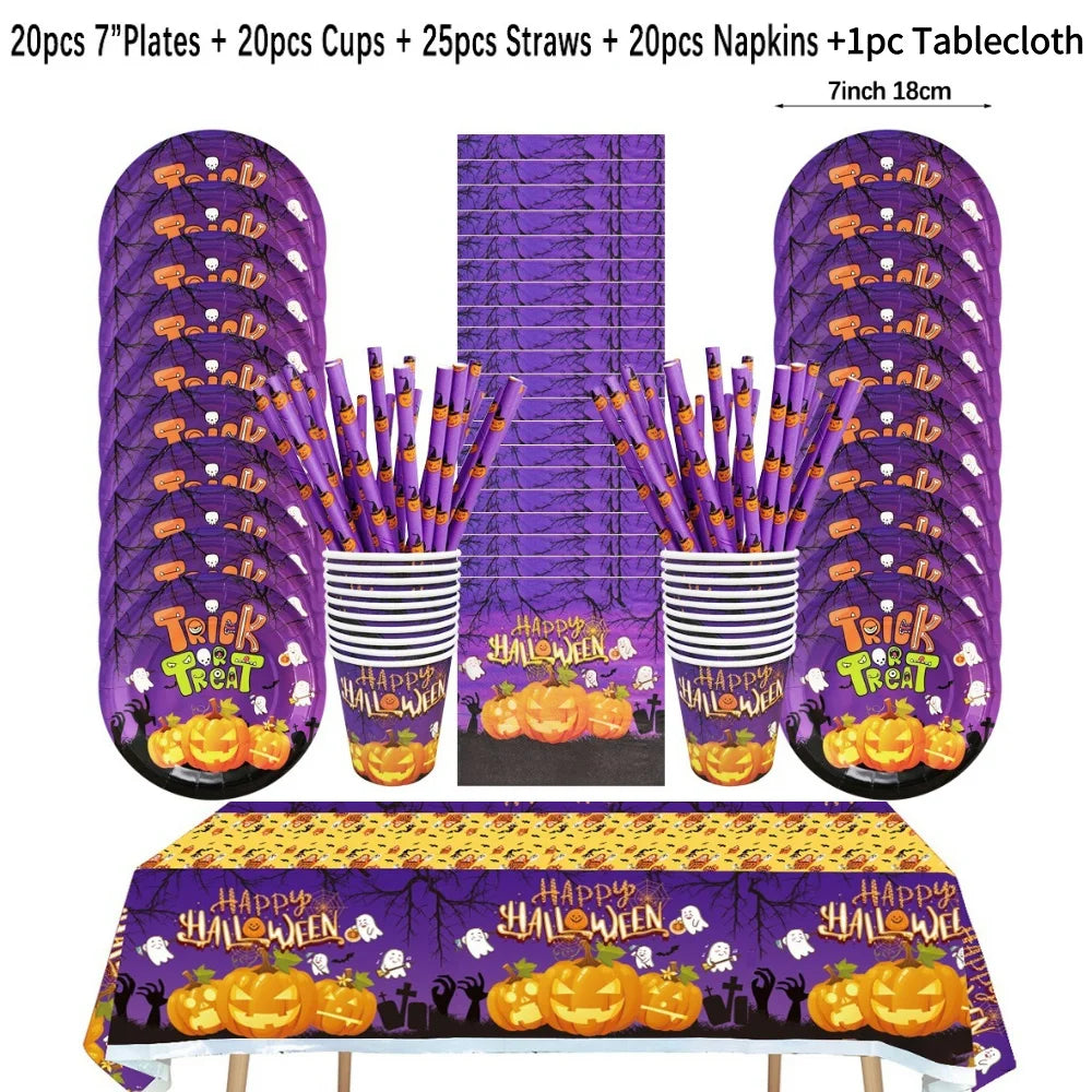 vaisselle jetable halloween assiettes gobelets pailles serviettes nappe citrouilles fantômes araignées violet orange