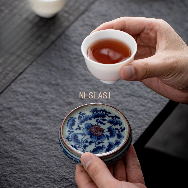 boîte thé bleu blanc rouge peinture chinoise artisanale tasse inclusion montagne fleur