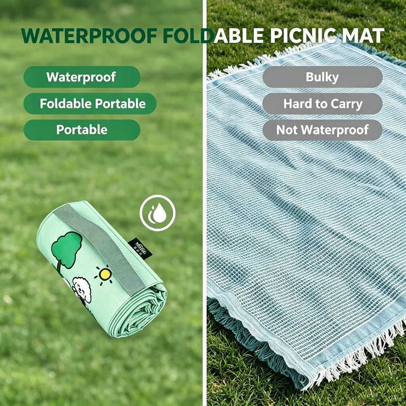 tapis pique nique pliable imperméable vert clair motif animalier sac rangement