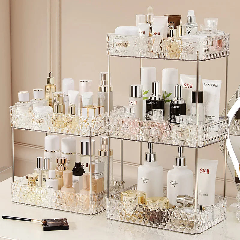 rangements cosmétiques multi niveaux transparent argenté moderne élégants texture diamantée maquillage soins peau