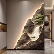 décoration murale moderne paysage montagneux cascade lac bateau plante verte zen