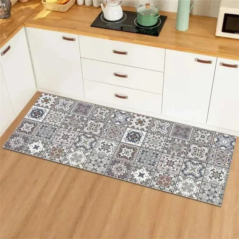 tapis sol moderne carreaux géométriques fleurs bleu jaune blancintérieur extérieur antidérapant facilenettoyer
