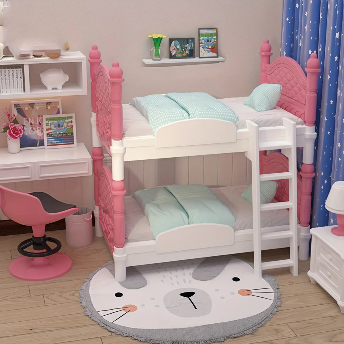 lit superposé poupées rose blanc tapis animal classique matelas floral chambre enfant jouets miniatures