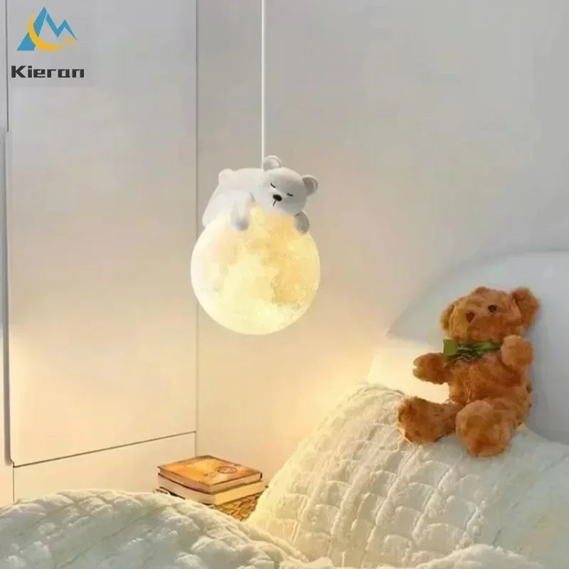 lampe suspendue moderne ours lapin sphère lunaire décoration chambre salon blanc rose