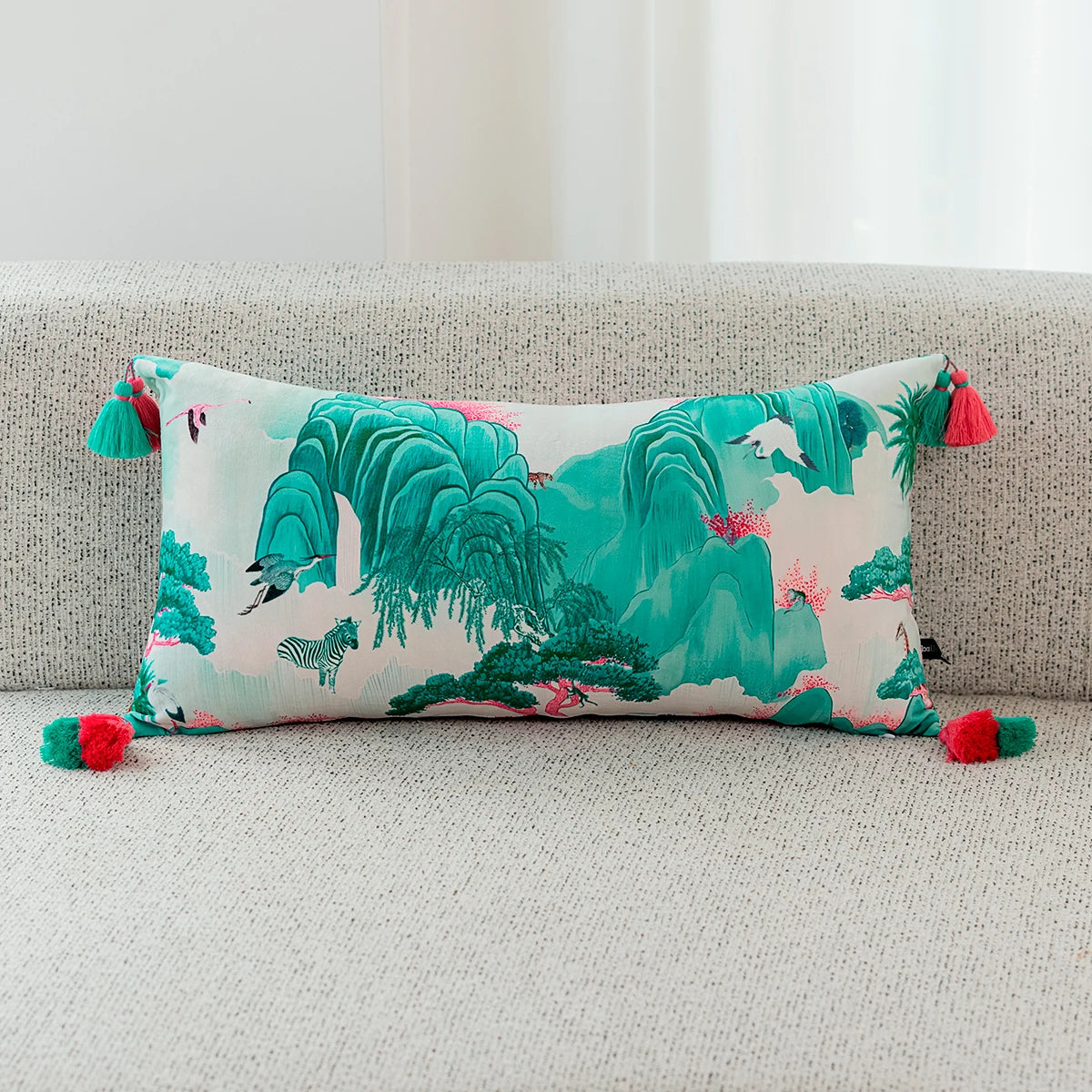 taie d'oreiller imprimée léopard tropical velours carré moderne deux côtés opaques tassel rouge océanique
