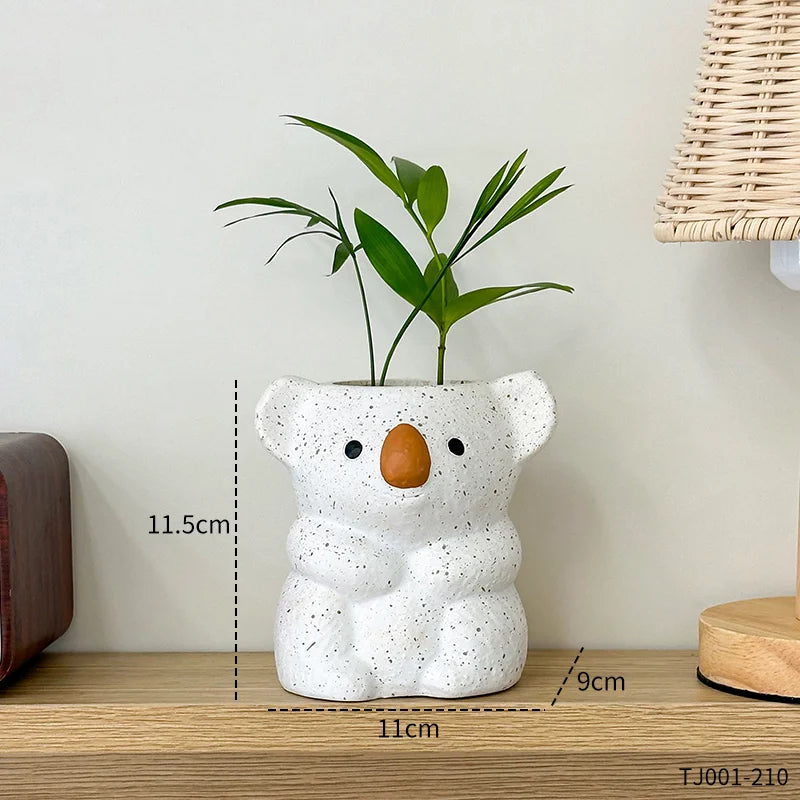 cache pot koala blanc taches noires résine animalier créatif deco plante fleur