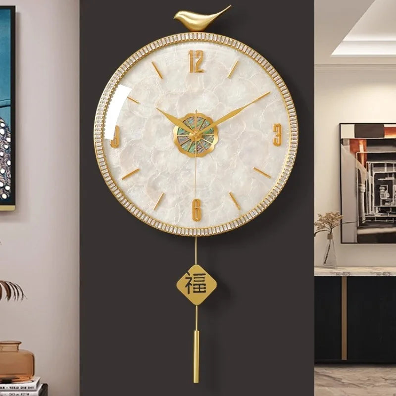 horloge murale moderne or blanc motif marbré cristaux oiseau chinois