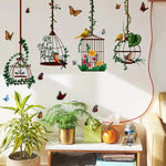 sticker mural oiseaux cage papillons fleurs décoratif adhésif vert jaune rouge bleu