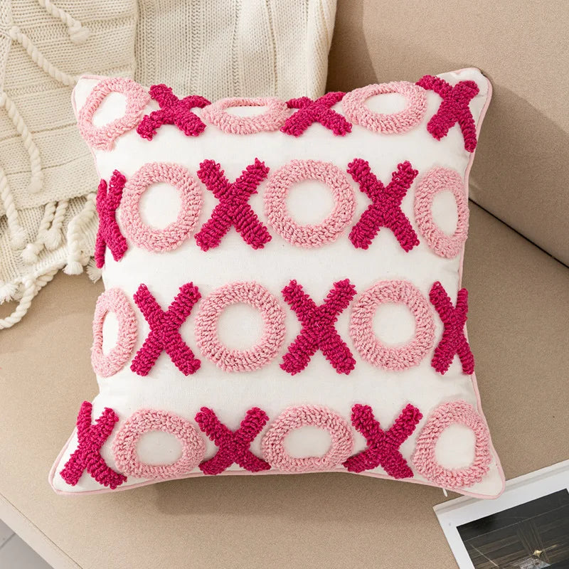 coussin carré brodé coeurs géométrique moderne rose décoration canapé voiture festive adhésif franges polyester