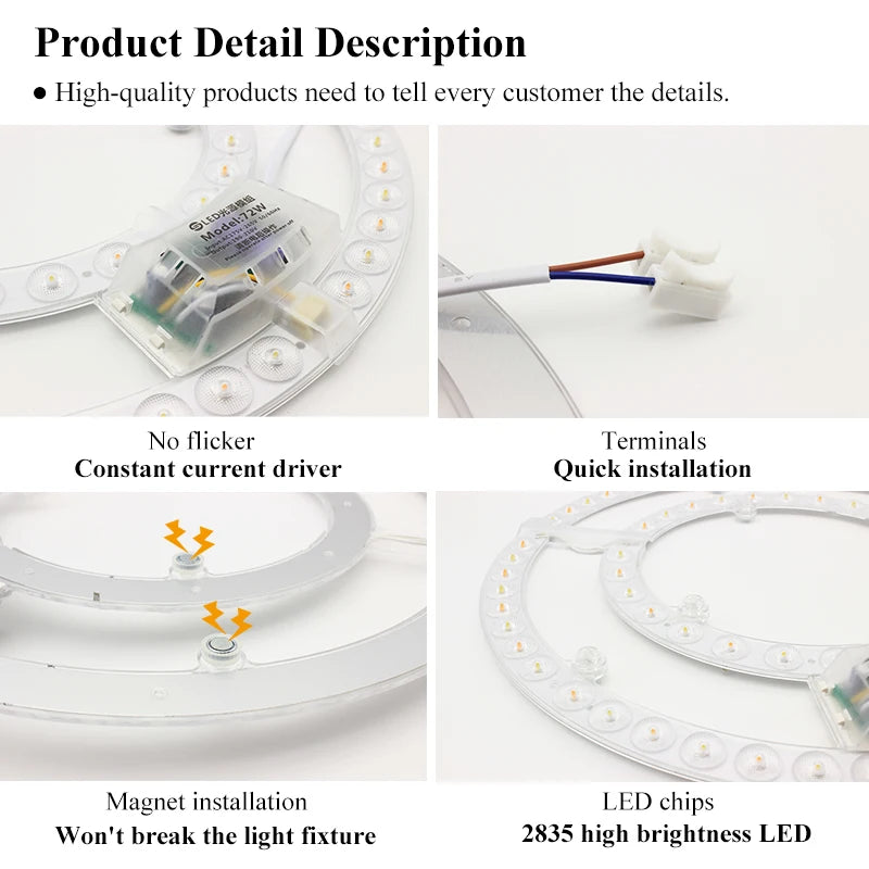 plaque led circulaire blanc moderne diodes aimant connecteurs haute luminosité 220v 72w 2835