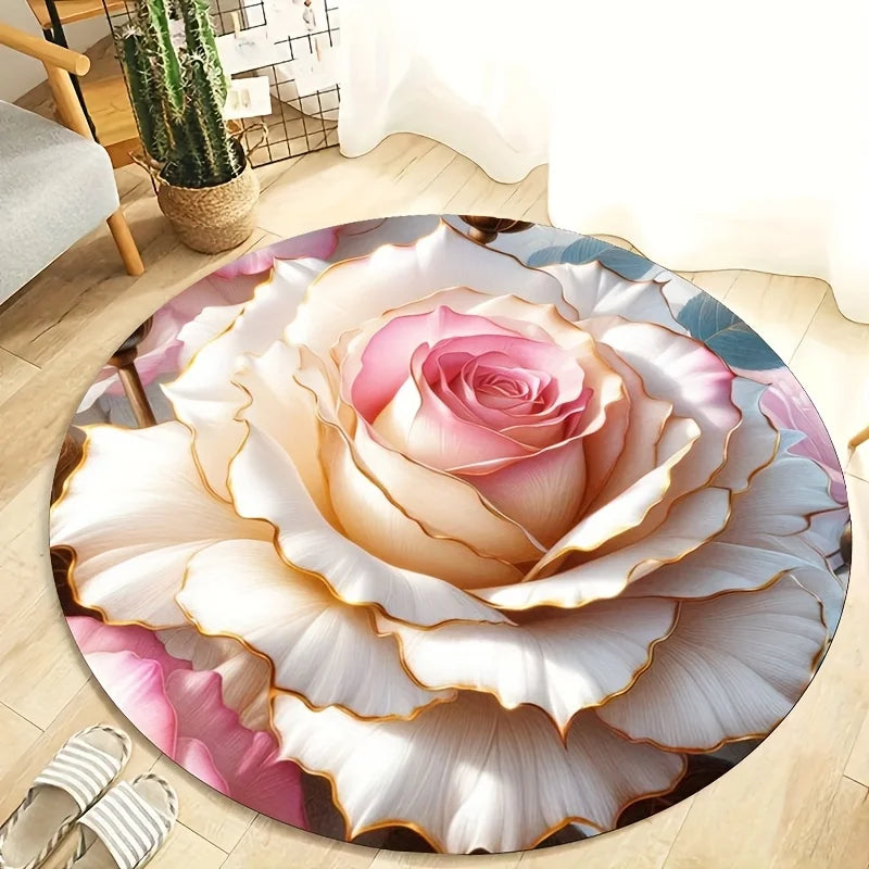 tapis rond moderne fleur rose détails floraux 100 polyester rose blanc beige doré salon