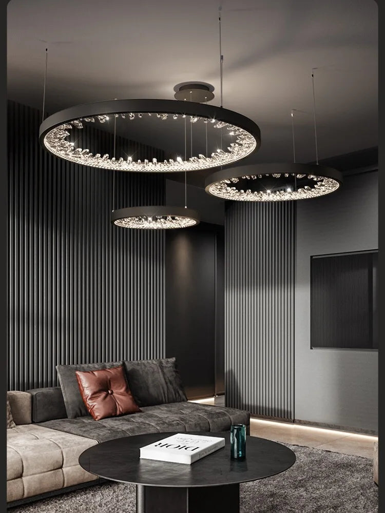 suspension lumineuse moderne or noir strass circulaire chambre salon led