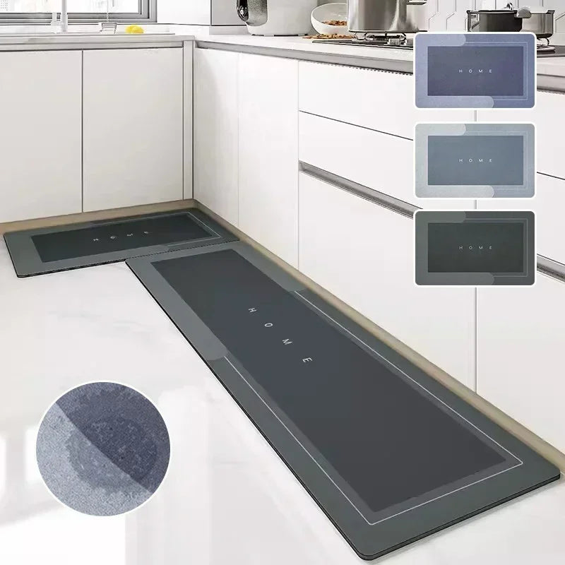 Tapis de cuisine en diatomite bleu antidérapant sur un sol carrelé