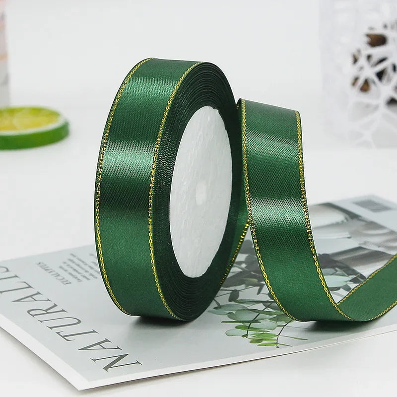 ruban satin polyester rose vert élégant 22mètres 2cm bord doré uni opaque emballage cadeau