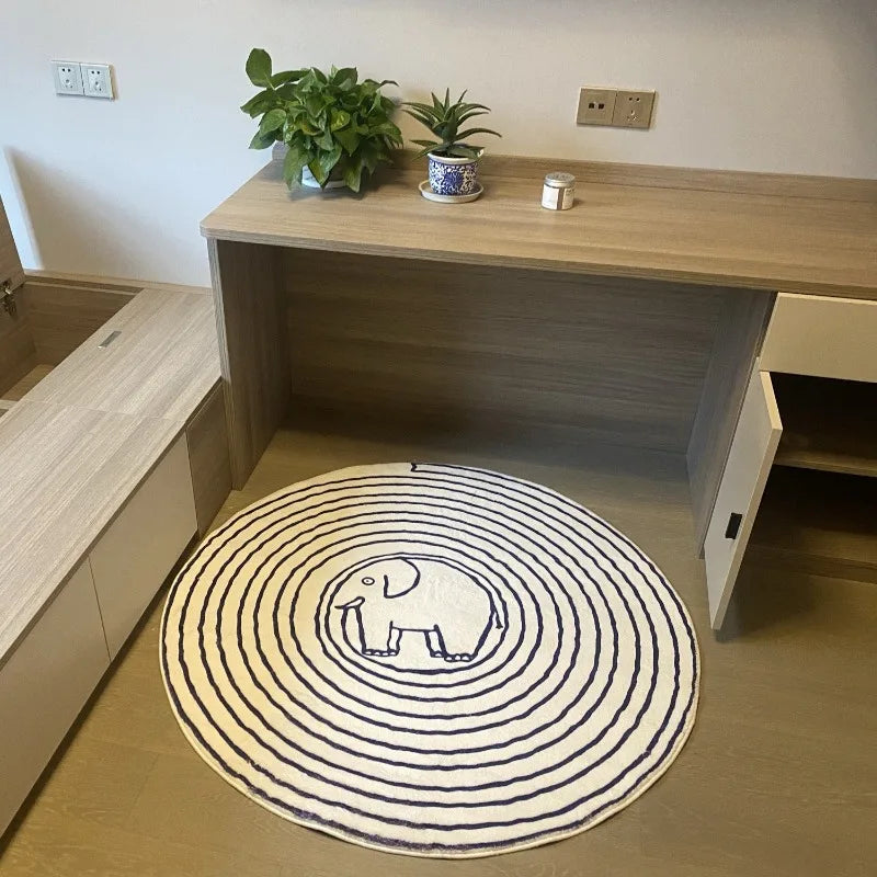 tapis moderne rond éléphant rayures concentriques blanc bleu marine doux confortable résistant antislip polyester