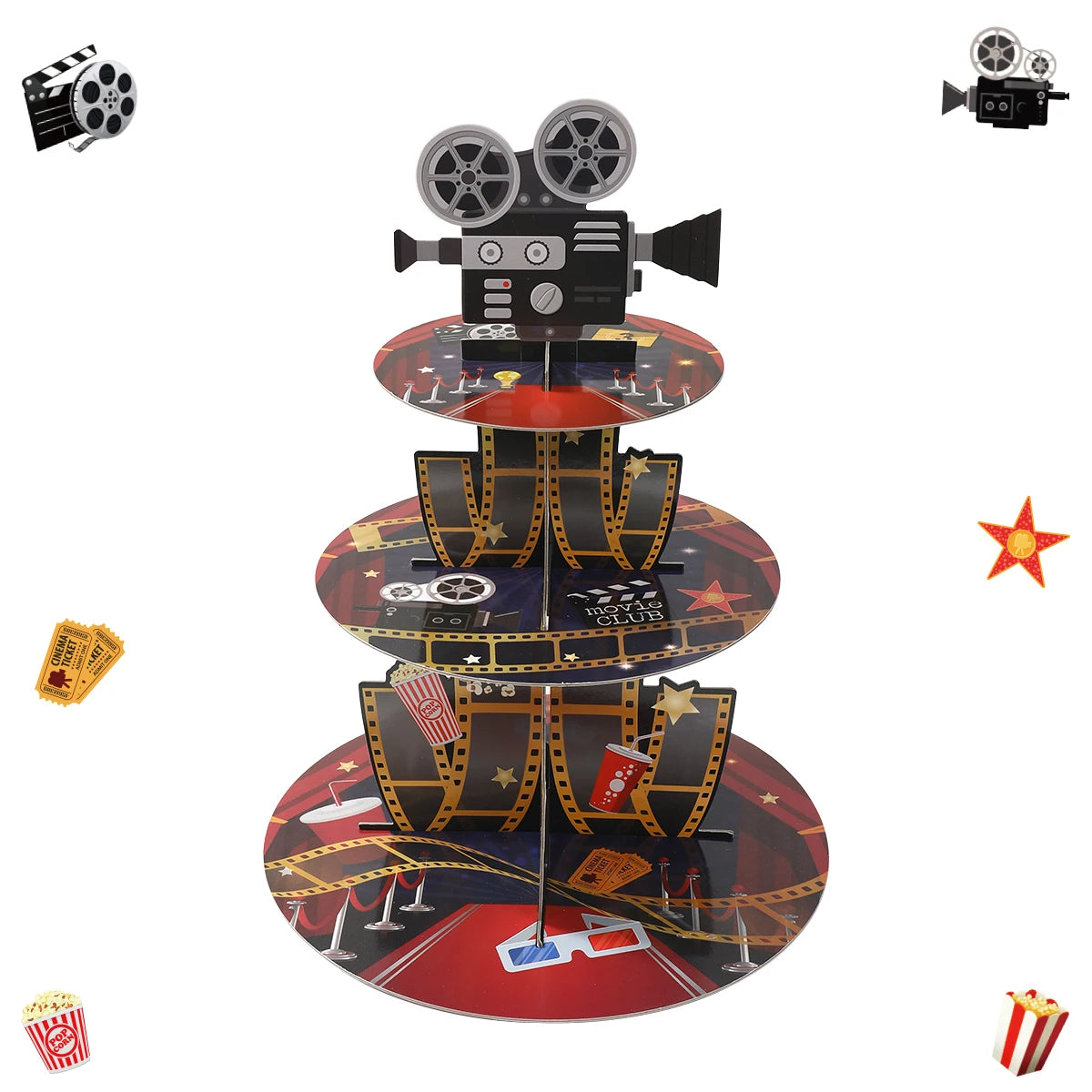 décoration anniversaire thème cinéma assiettes jetables serviettes gobelets nappe guirlande popcorn rouge noir doré