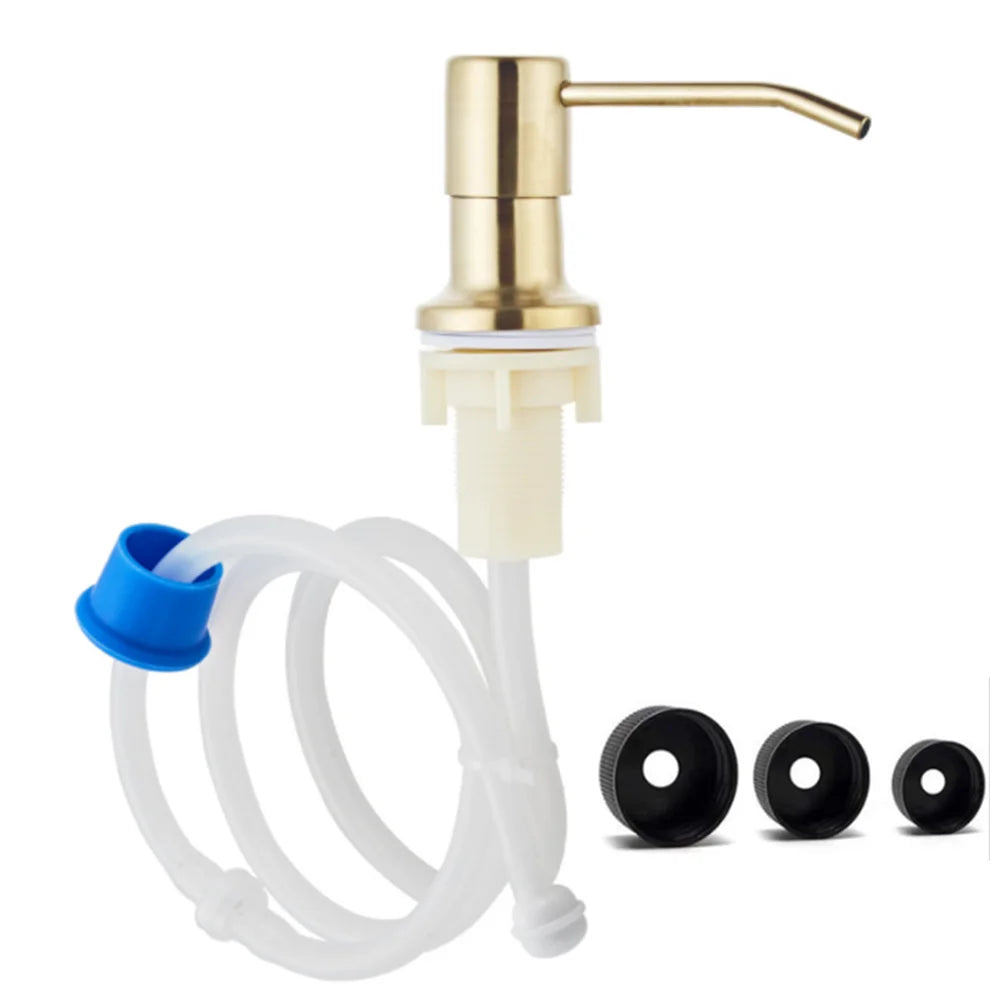 distributeur savon liquide or noir argent acier inoxydable moderne lisse fixations tube extension bouteille