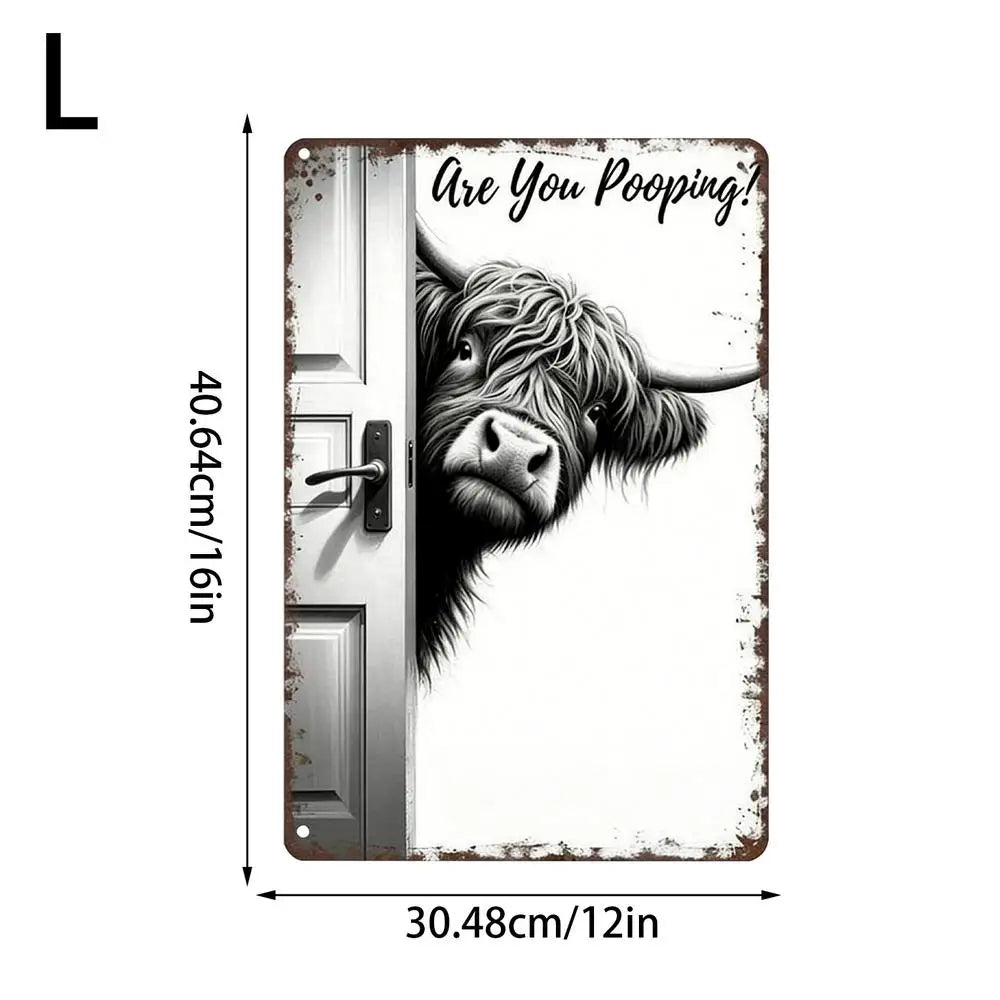 panneau decoratif metal vache highland rustique humoristique fond gris entrouverture toilettess