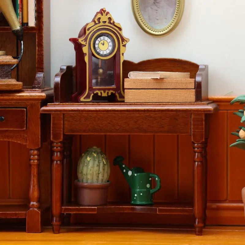 table toilette miniature 1/12 bois marron clair classique horloge livre cactus arrosoir