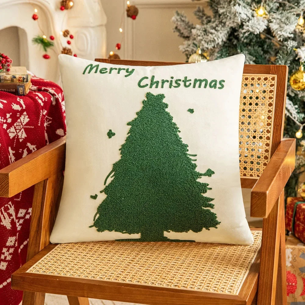 coussin brodé arbre noël étoiles dorées festif décoratif intérieur maison voiture 45x45cm polyester festive