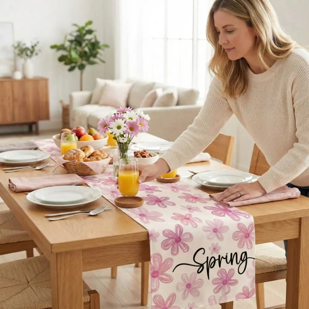 nappe runner floral printemps pâquerettes calligraphie couleurs vives décoration table saisonnelle bleu rose vert