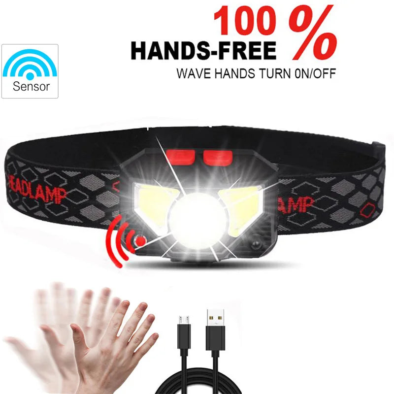 lampe frontale led portable rechargeable noir moderne pratique ceinture ajustable sensory switch