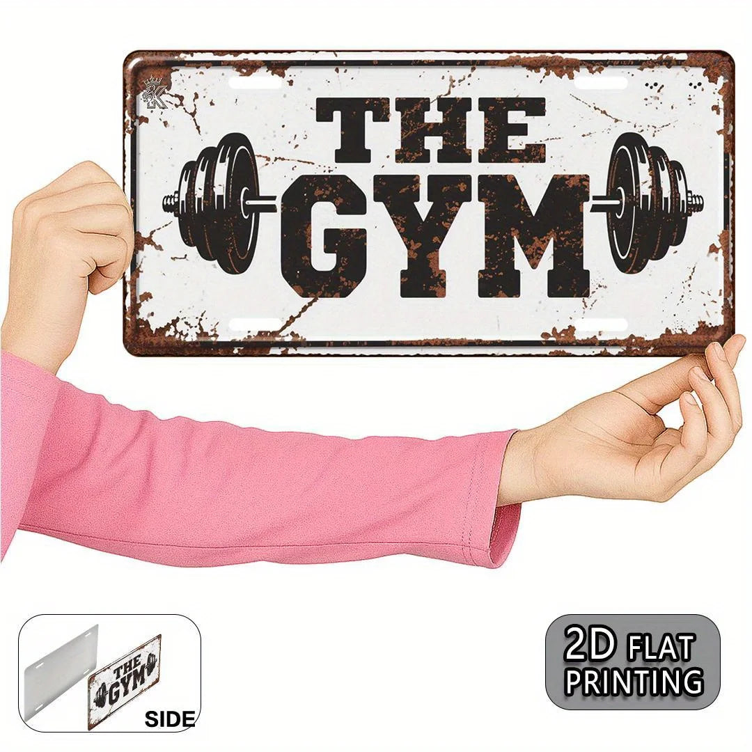 décoration murale vintage plaque THE GYM haltères blanc noir rustique 30cm 15cm aluminium