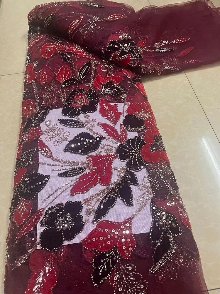 tissu dentelle fleurs broderie paillettes polyester coton mariage translucide violet bleuclair rouge gris marron