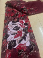 tissu dentelle fleurs broderie paillettes polyester coton mariage translucide violet bleuclair rouge gris marron