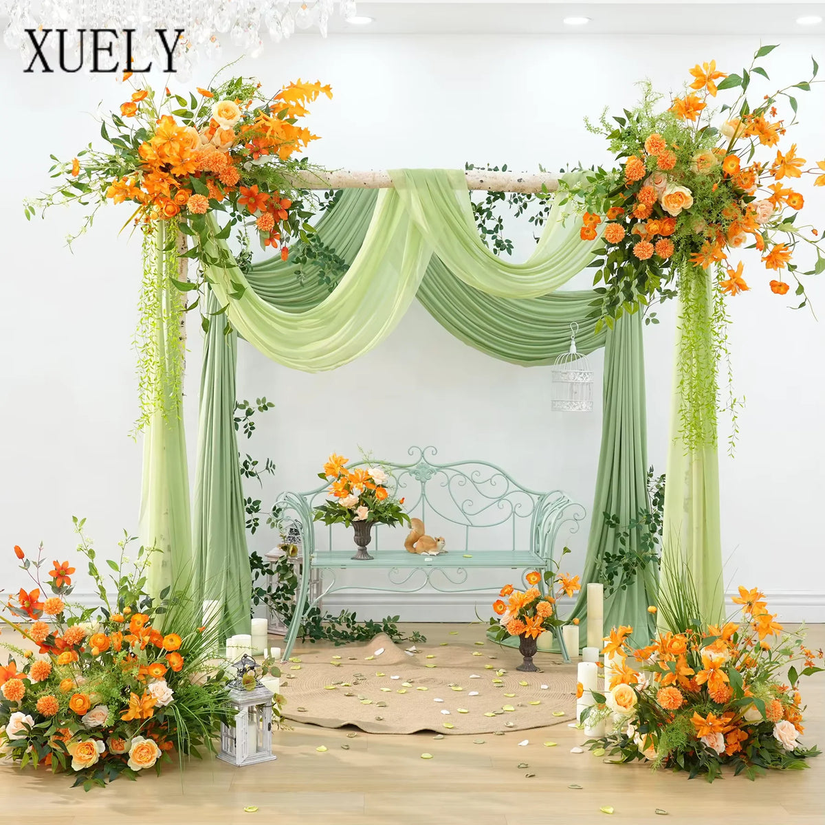 arche décorative fleurs artificielles bouquet feuillage vert clair orange blanc événement mariage anniversaire fête