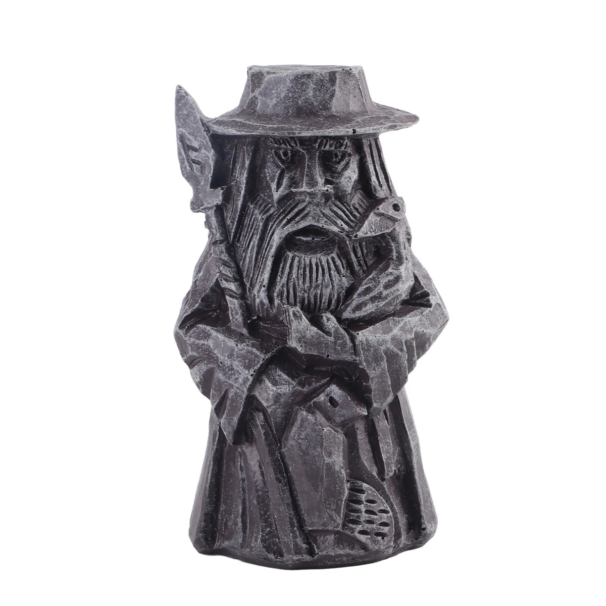 statue décorative viking homme âgé chapeau barbe oiseau gris foncé noir sculpté fantastique mystérieuse