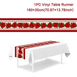 table noel chemin rouge blanc sapins flocons guirlandes decorations festive