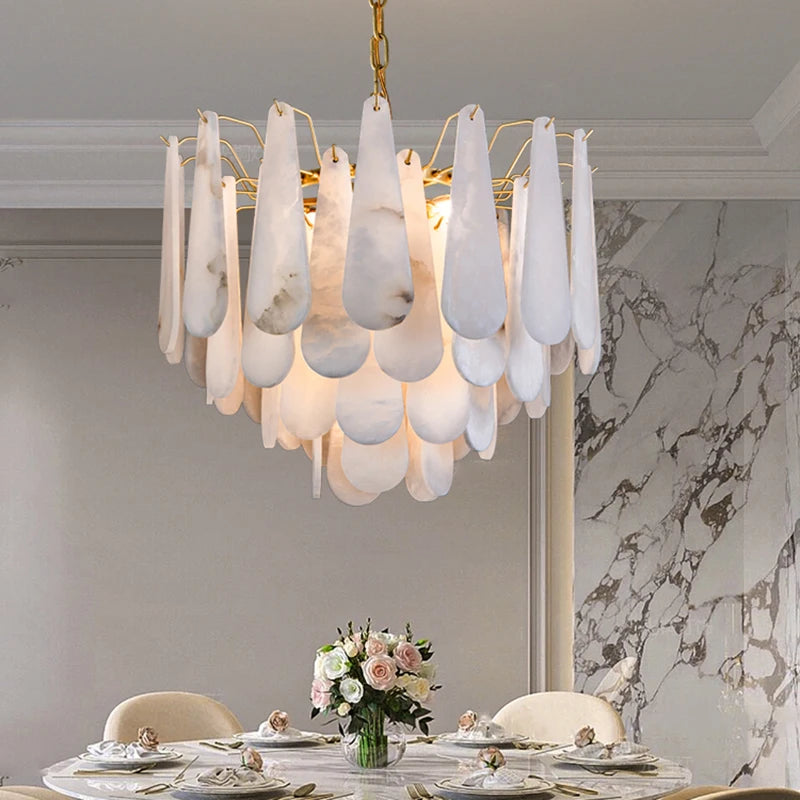 lustre suspension moderne marbre blanc doré luxe salon salle manger chambre élégant