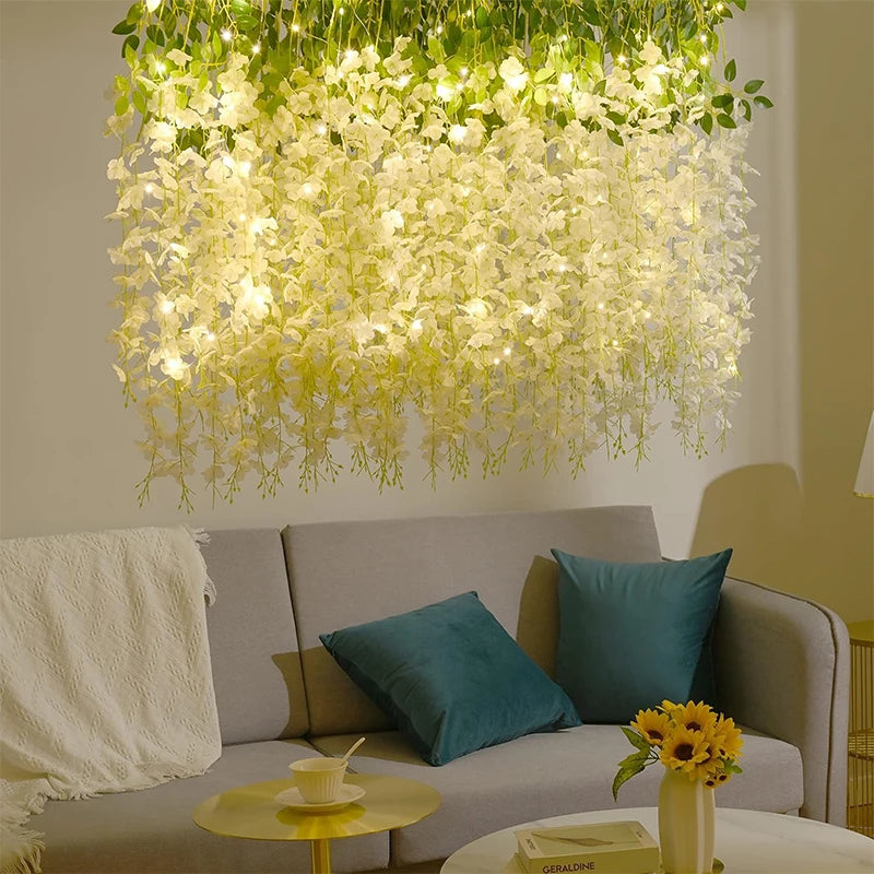 guirlande glycine lumineuse fleurs artificielles blanc vert décorative romantiqueintérieur decoration 36ft 90fleurs