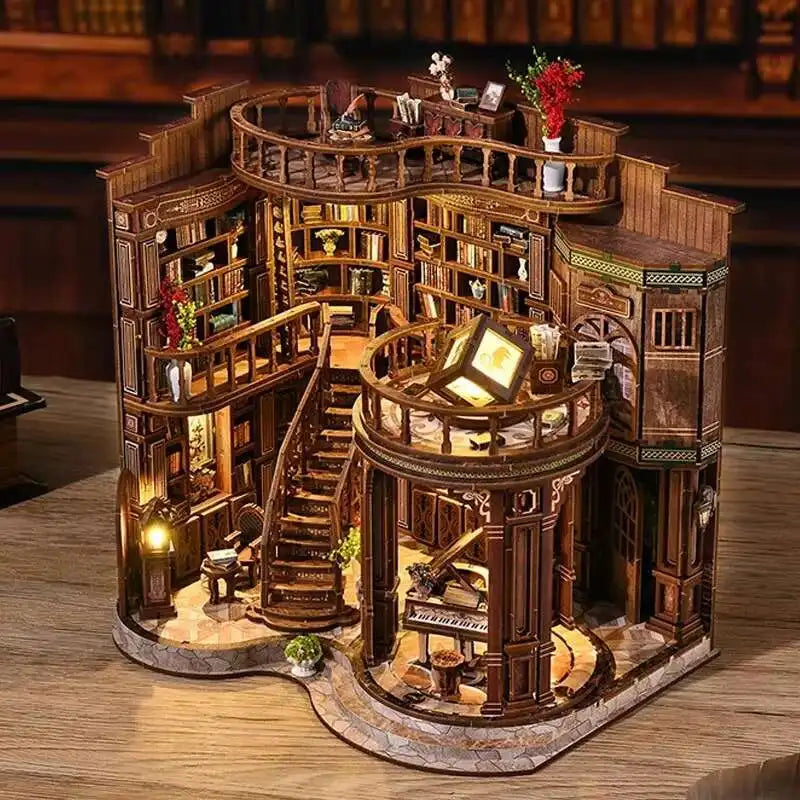 miniature bibliothèque bois vintage livres vases plantes lampe piano accessoires décoration adulte