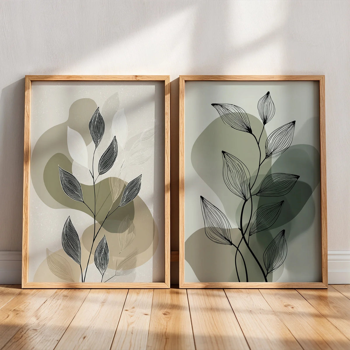 tableaux abstraits contemporains toile minimaliste feuilles stylisées décoration intérieure printemps été