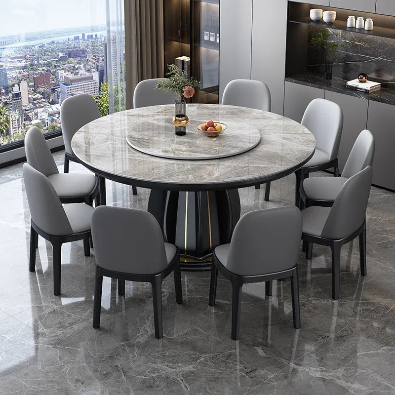 table ronde bois marbre moderne gris noir blanc chaises assises plateau central pieds