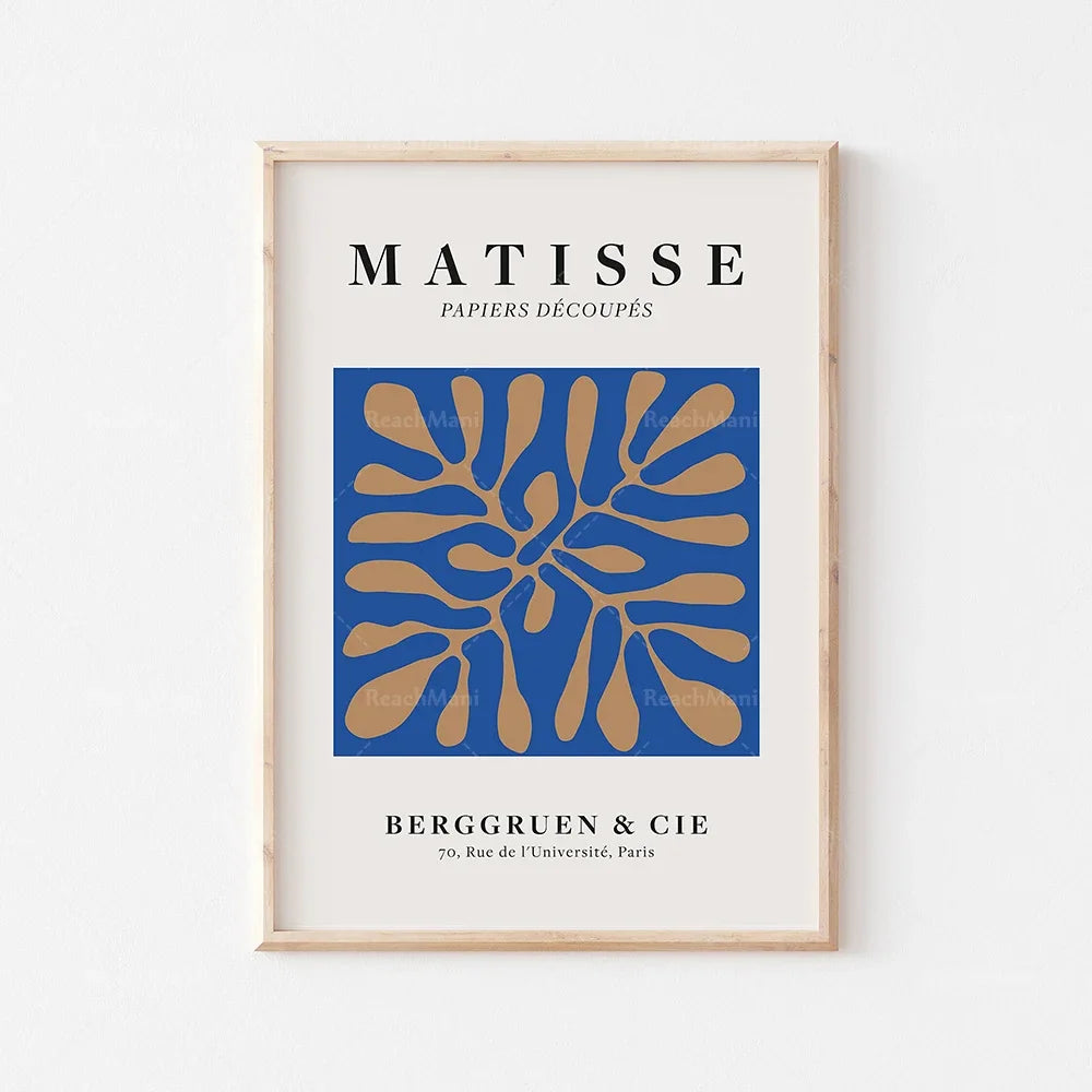 L'image représente une affiche d'art moderne avec le titre "MATISSE Papiers Découpés" et une illustration géométrique composée de formes bleues et dorées.