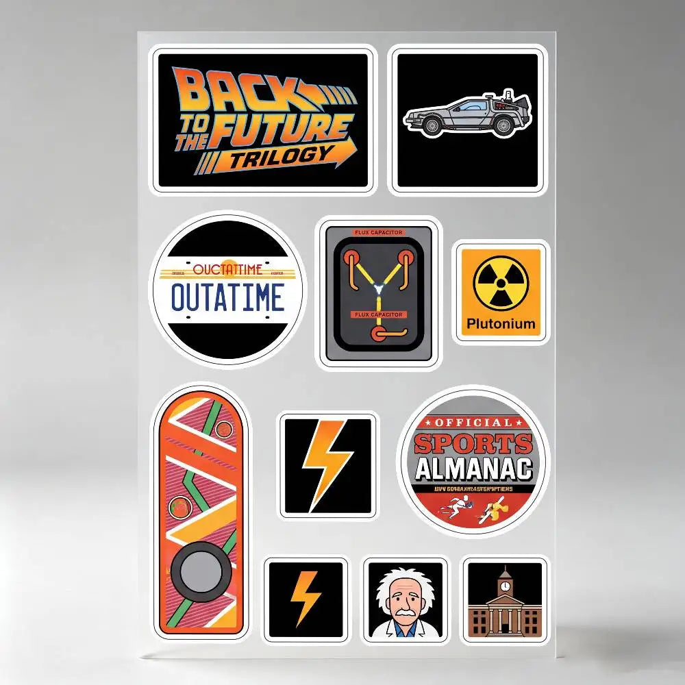 stickers réfléchissants retour futur multicolore delorean capaciteur plutonium pop art retro moto vélo