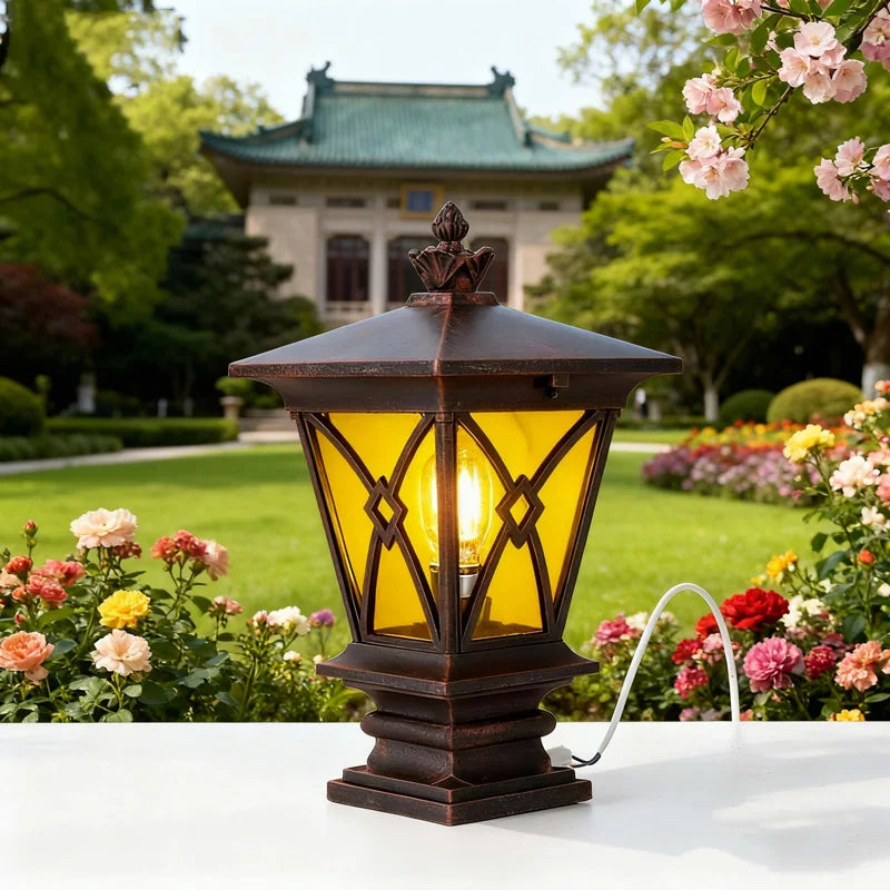 lampe table classique marron foncé jaune motif géométrique transparent ip55 led aluminium