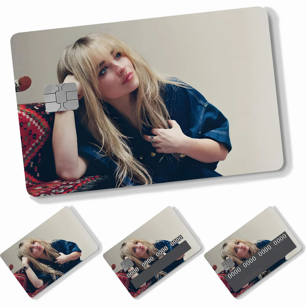 autocollants carte crédit sabrina carpenter adhésifs personnalisables moderne bleu clair noir doré imprimé maillot