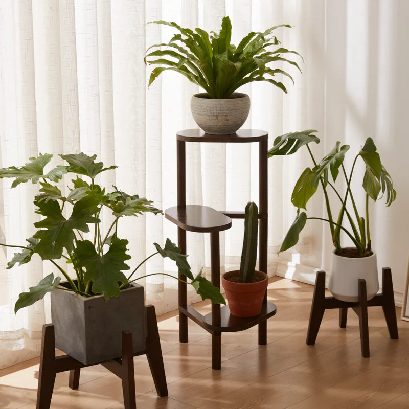 étagère bois naturel moderne multi niveaux plantes pots différents intérieur balcon