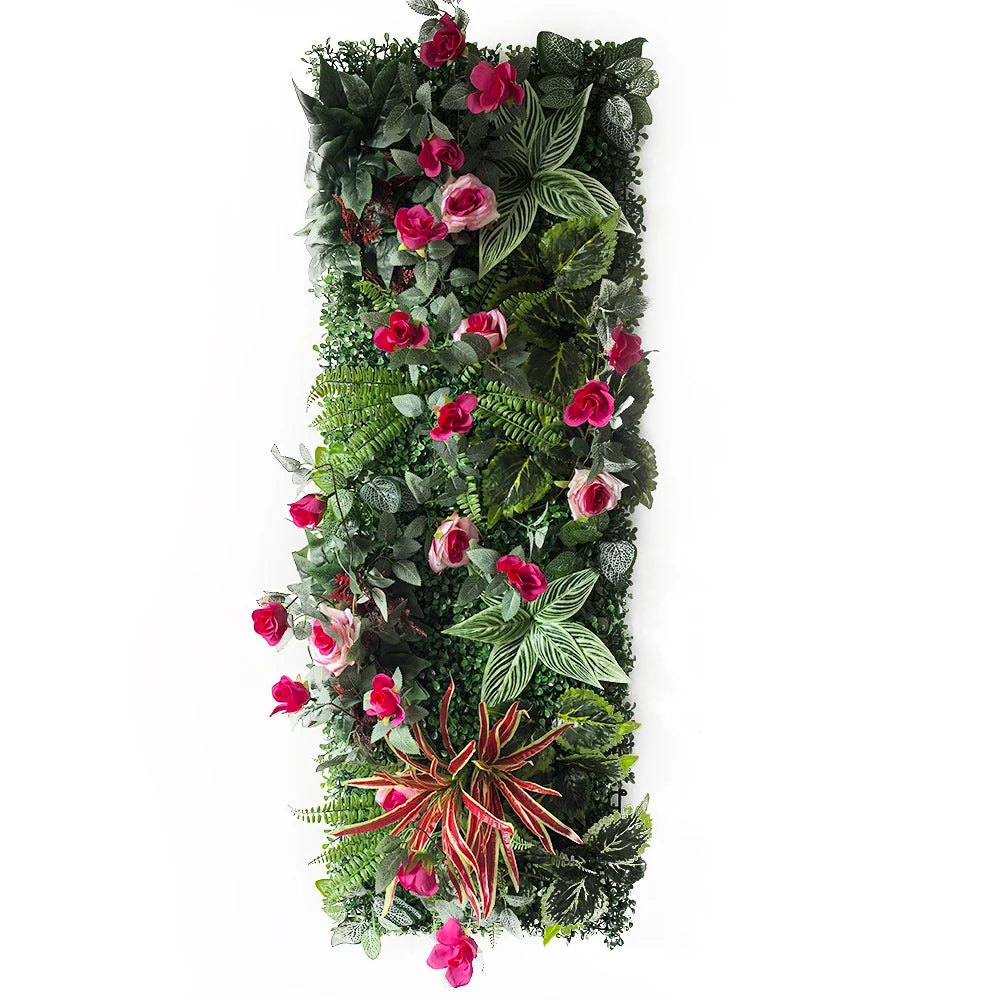 panneau végétal artificiel fleurs roses feuilles vertes décoration murale jardin mariage extérieur intérieur moderne