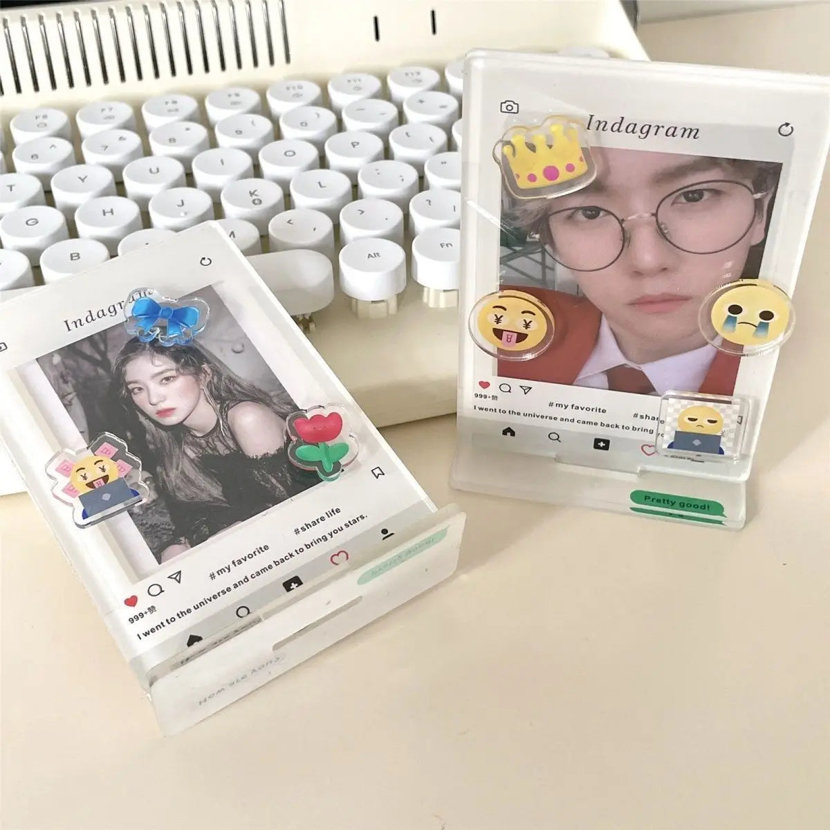cadre photo moderne rose clair imprimé transparent clips magnétiques émojis décoration maison photo card