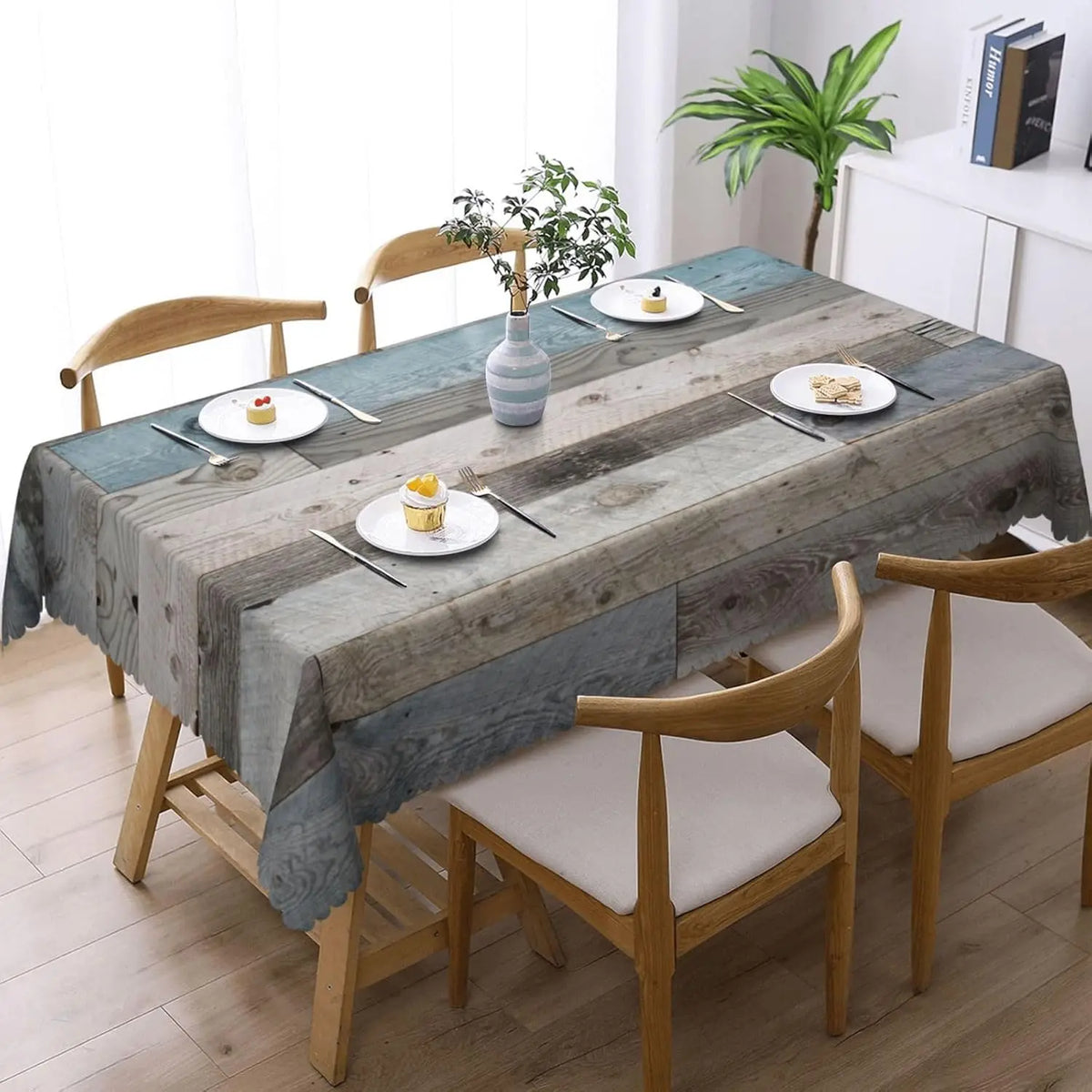 nappe table texture bois gris bleu rustique moderne rectangle fête assiettes couverts verres